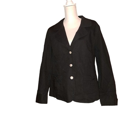 NWT-Denim & Co Sz L Black Stretch Denim Blazer with Silver Flowered Buttons - Picture 2 of 13